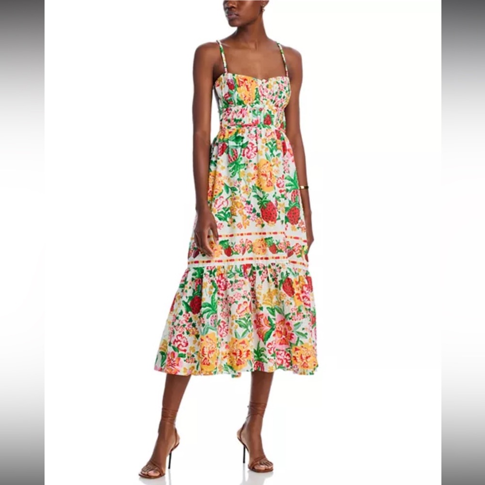 FARM RIO Floral Sketch White Midi Dress xs